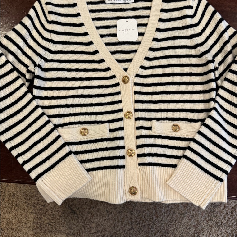 Altar'd State Black and Cream Striped Cardigan Sweater